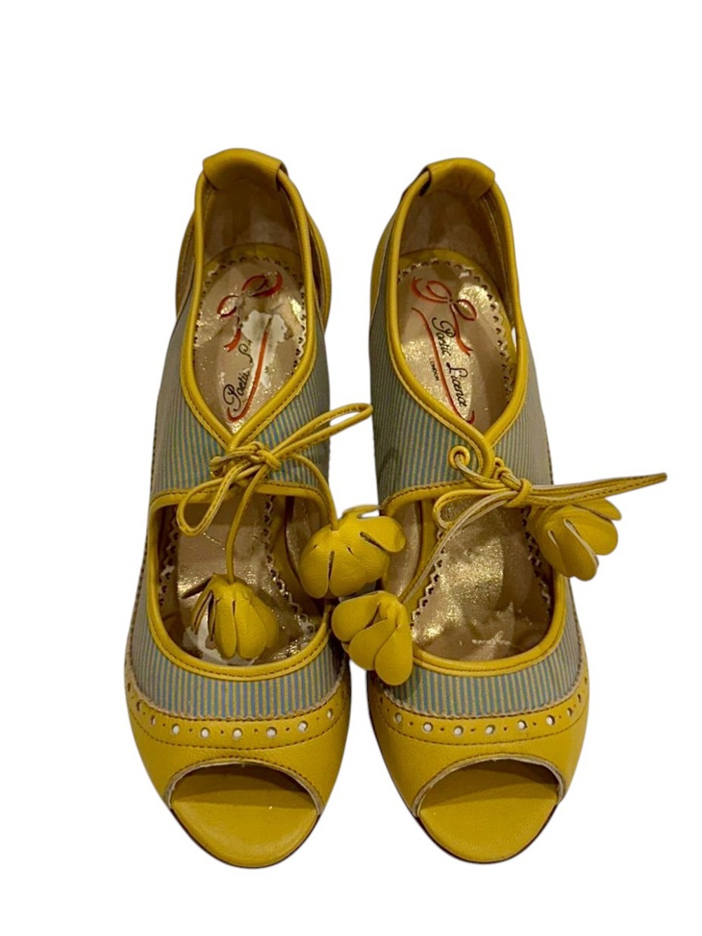 Poetic License Girl About Town Yellow & Blue Leather Peep-Toe Tassel Heel 7M